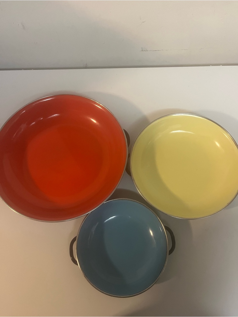 Vintage Emo Celje enamel sauté pans. Yugoslavia Mid 20th Ctry. Nesting 3 pc set